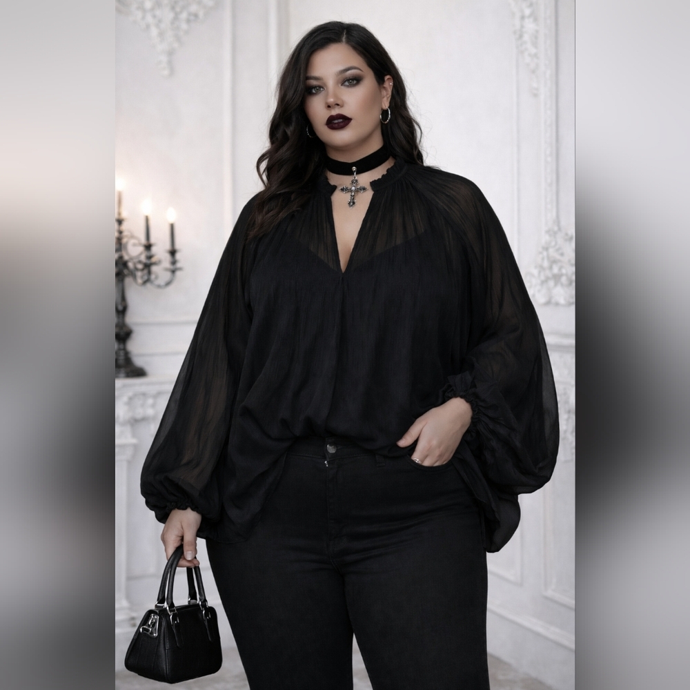 Ryegrass Black Pleated Sheer Balloon Sleeve Blouse High Neck Ruffle 2X XXL